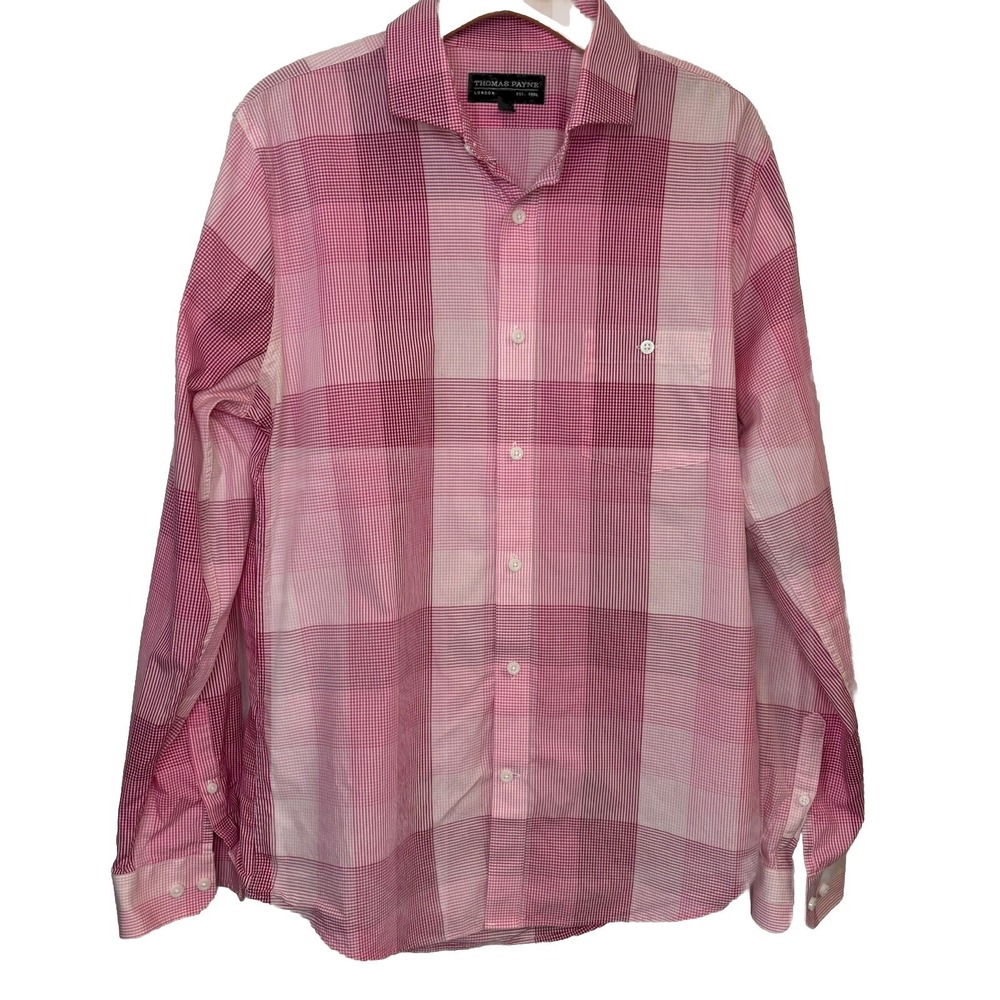 Thomas Payne London Mens Large Shirt Button Up Long Sleeve Cuffs Pink Plaid